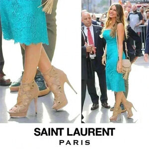 SAINT LAURENT Kid suede Tribute 105 Lace Up Platform Sandals beige camel 37